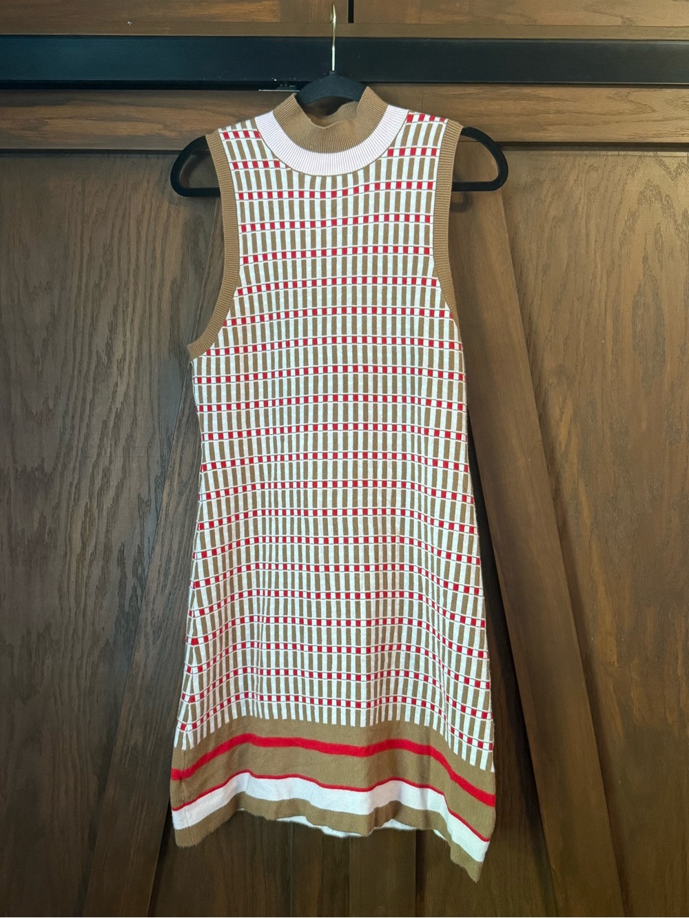 Maeve Sleeveless Knit Shift Dress in Cream, Tan & Red
